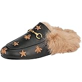 Arqa Fur Mules for Women Comfortable Leather Buckle Mule Flats Furry Padded Backless Loafers Casual Slides Shoes