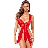 Womens Unwrap Me Ribbon Babydoll Lingerie, Christmas Day Gift New Years Valentines Lingerie Set Red