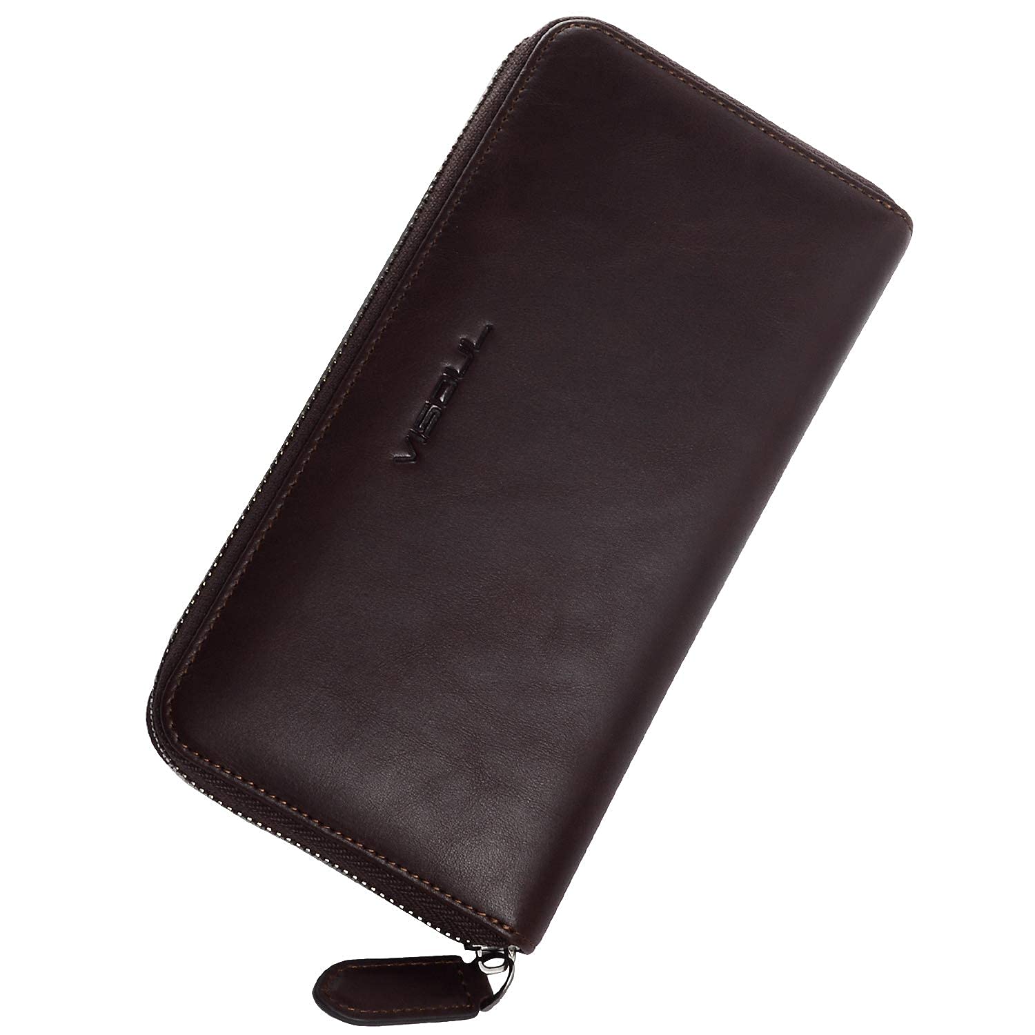 VISOUL Men Genuine Leather Organizer Large Capacity RFID Blocking Wallet with Credit Card Slots, Clutch Long Purse with Zipper Pocket Coffee