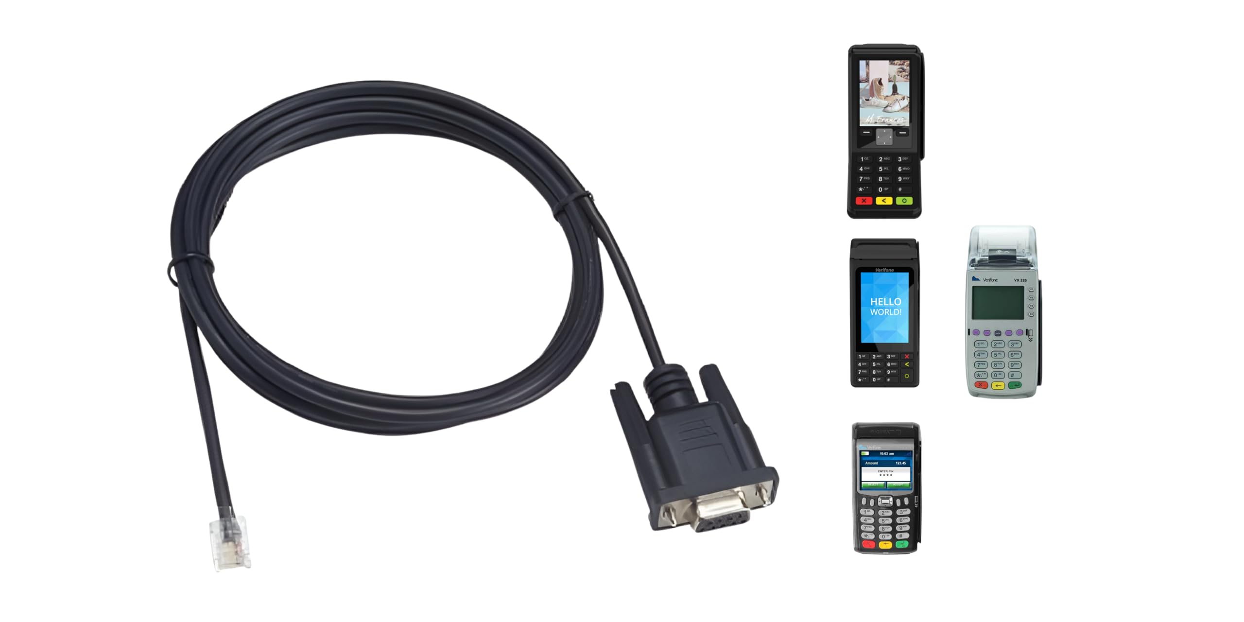 RJ45 DB9, RS232 cash connection cable between a Verifone payment terminal and a cash register for the V200, V400, V240, VX675, VX520, VX 570, VX680 range
