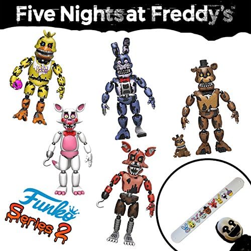 Funko FNaF 1 2 3 Five Nights at Freddy's Game (Complete 5 Piece Set) Toys 5" Inch Nightmare Action Figures & Slap Bracelet - Freddy Fazbear Chica Funtime Foxy Bonnie