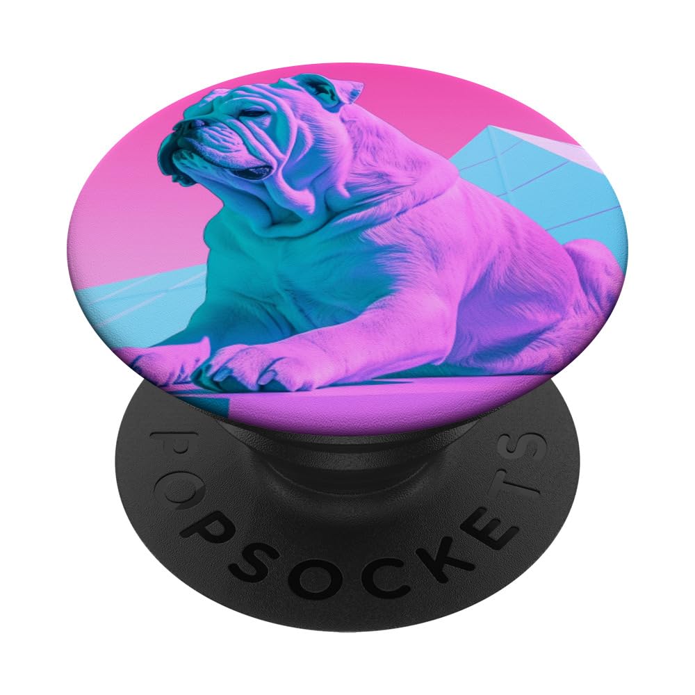 Retro 80s Dog Vaporwave English Bulldog PopSockets Swappable PopGrip
