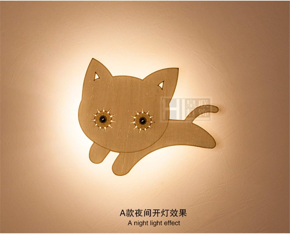Jubaopen Wooden Wall lights bedroom bed wall lights led wall lamp cute little children wall lights small pussy Mimi (25cm) [Energy Class A+++]