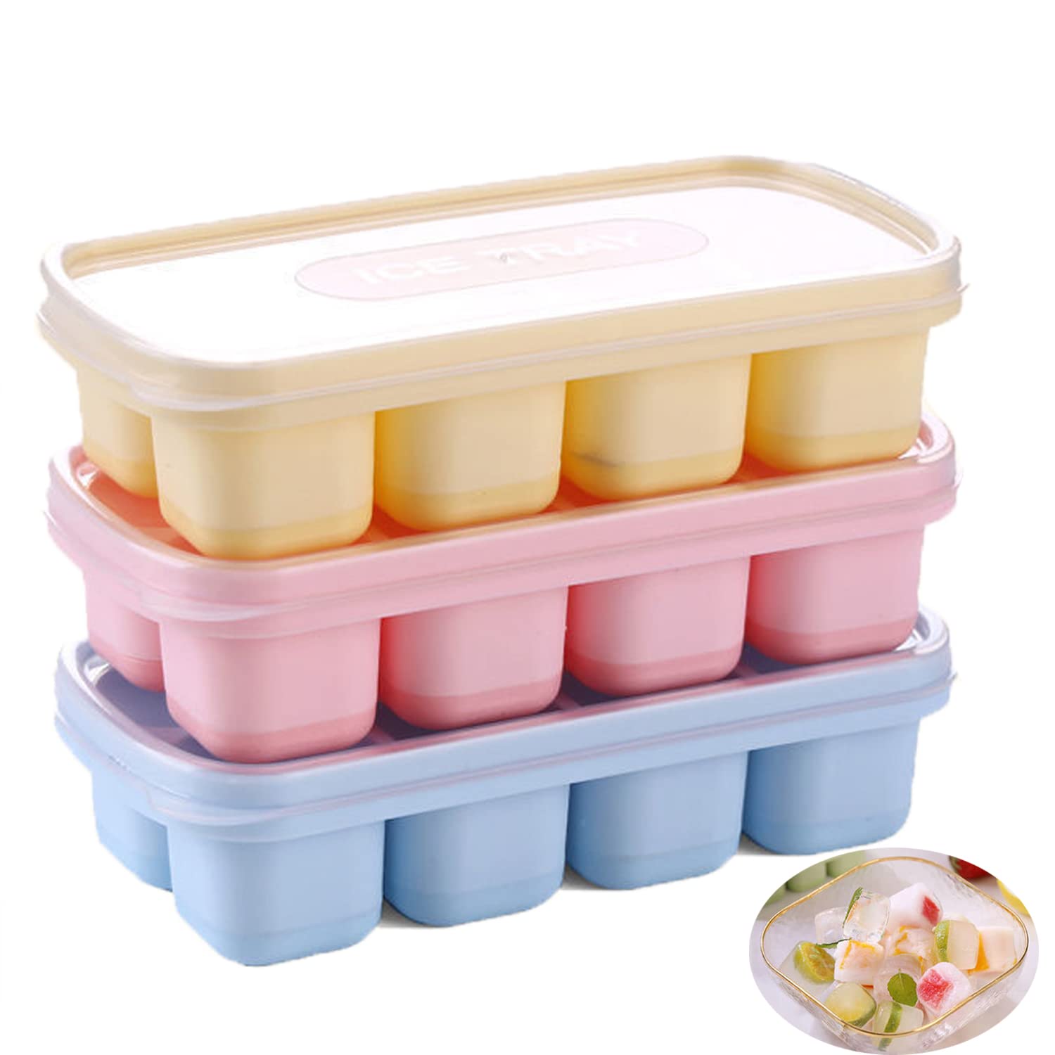 Ice Cube Trays 3PCS Reusable Silicone Ice Moulds with Removeable Lids BPA Free Summer Silicone Ice Molds for Whiskey Cocktails Water Drink Beer Freezer Home Kitchen Tools(Pink Blue Yellow)