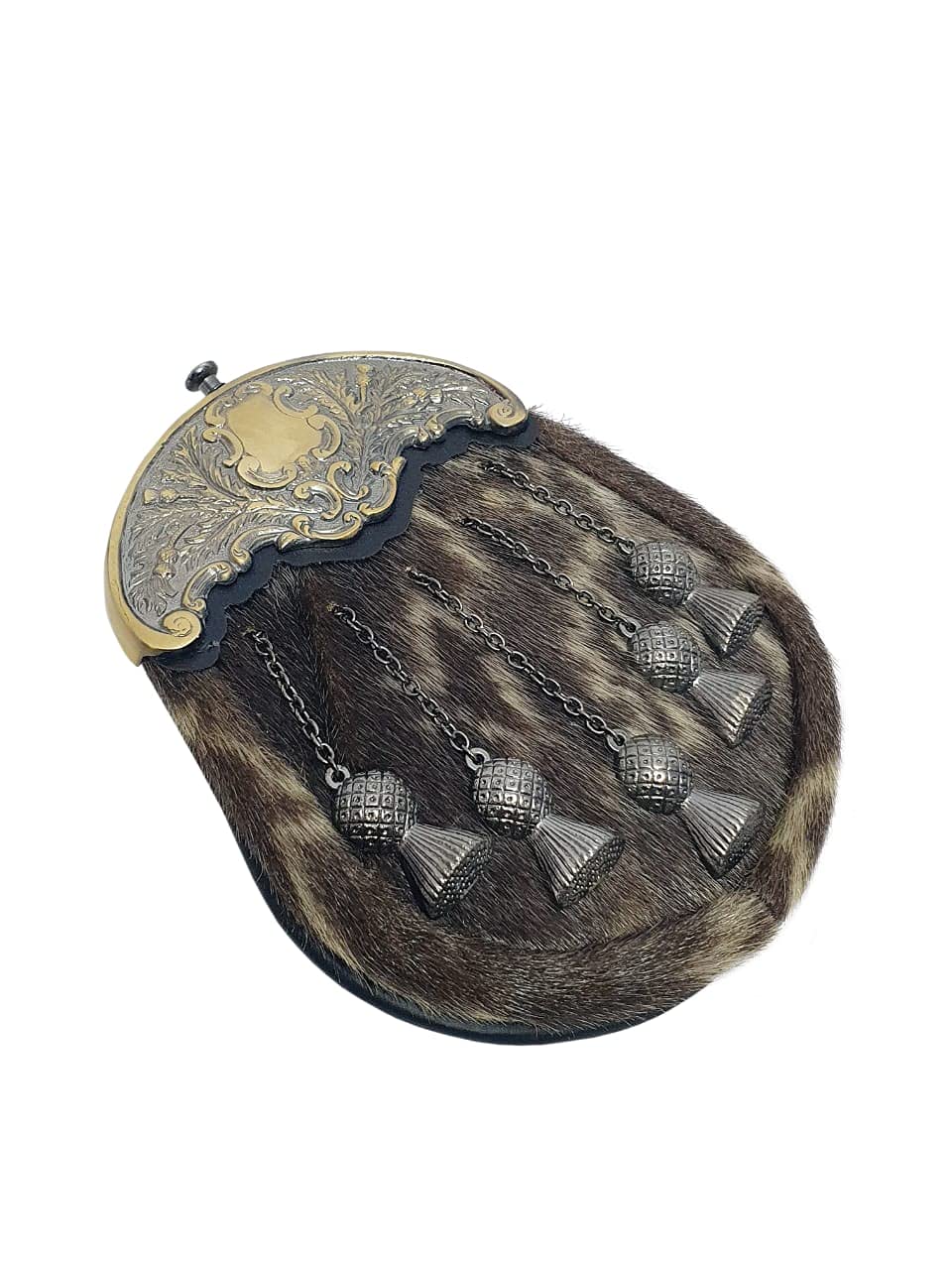 SKMAXO Antique Gold Cantle Leather Sporran with 5 Tassels – Authentic Highland Kilt Accessory with Adjustable Chain Belt for Men – Traditional Scottish Dress Sporran for Weddings & Formal Events