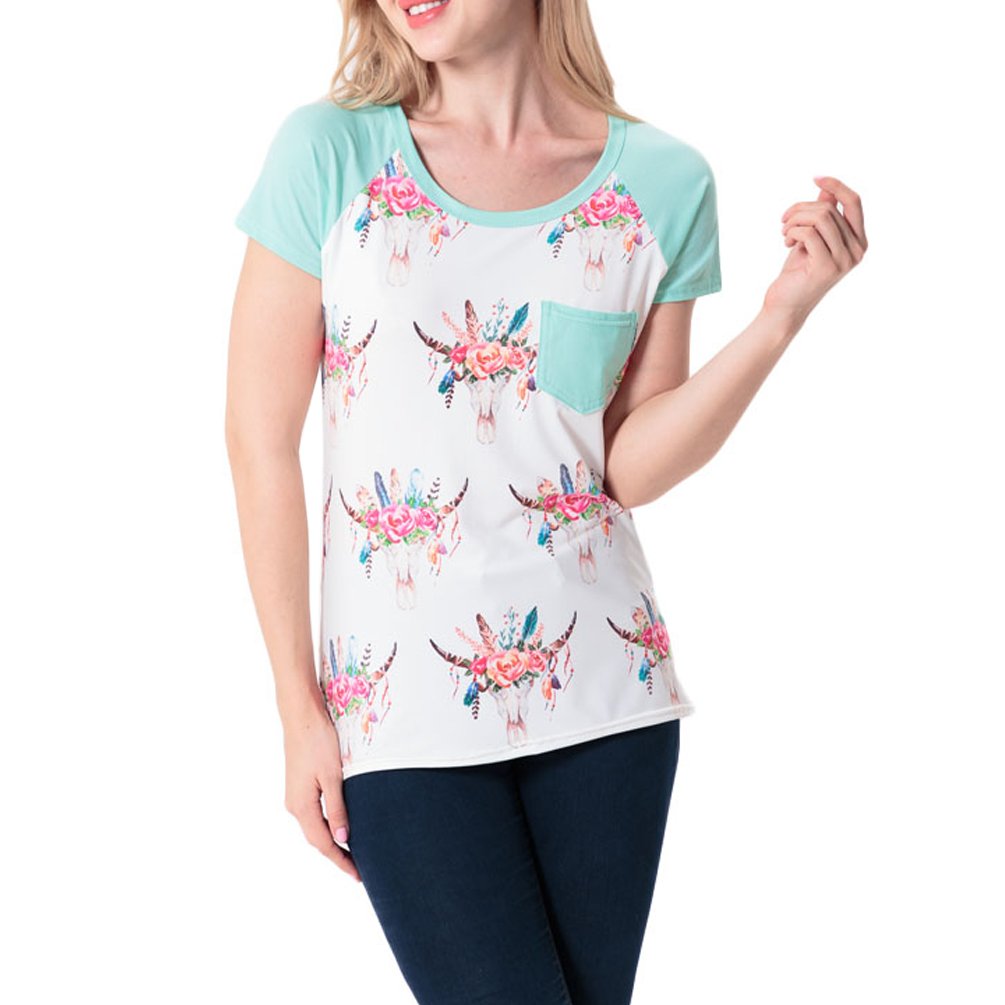 ENJOYNIGHT Women Casual Floral Printed Tops Blouse Short Sleeve T Shirt With Pocket (Large, Light Green)
