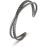 HZMAN Adjustable Stainless Steel Bracelet for Men, Minimal Cool, Antique, Retro Open Metal Cross-Style Cuff Bangle Bracelets for Men