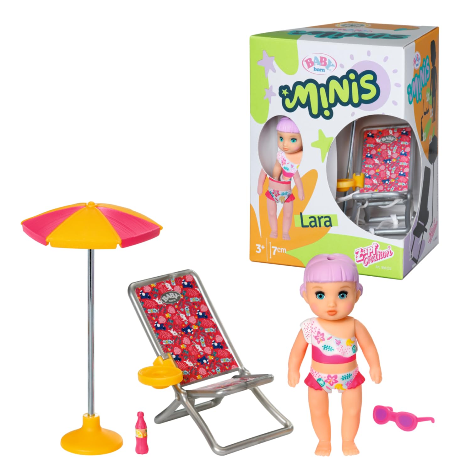 BABY born Minis Playset Summertime with Lara 906132 - 7cm Doll with Exclusive Accessories and Moveable Body for Realistic Play - Suitable for Kids From 3+ Years