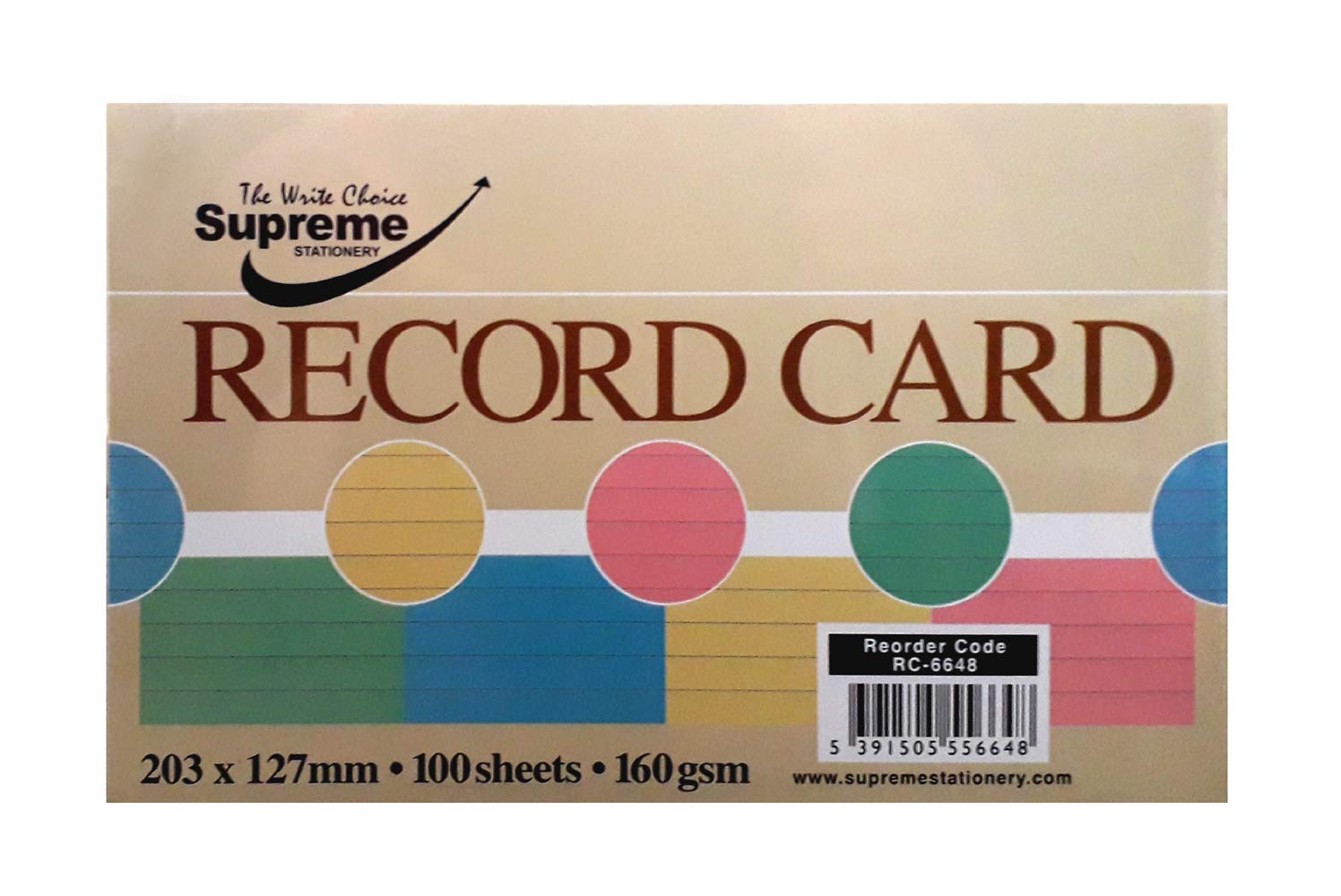 Record Card Ruled 100 Sheets 160gsm 203 X 127mm - 8" x 5" Colour Record Cards