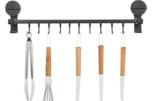 IMUSINICE No-Drill Kitchen Utensil Rack with Dual Rotatable Bars and 10 Gray Hooks, Suction Cup Mounted