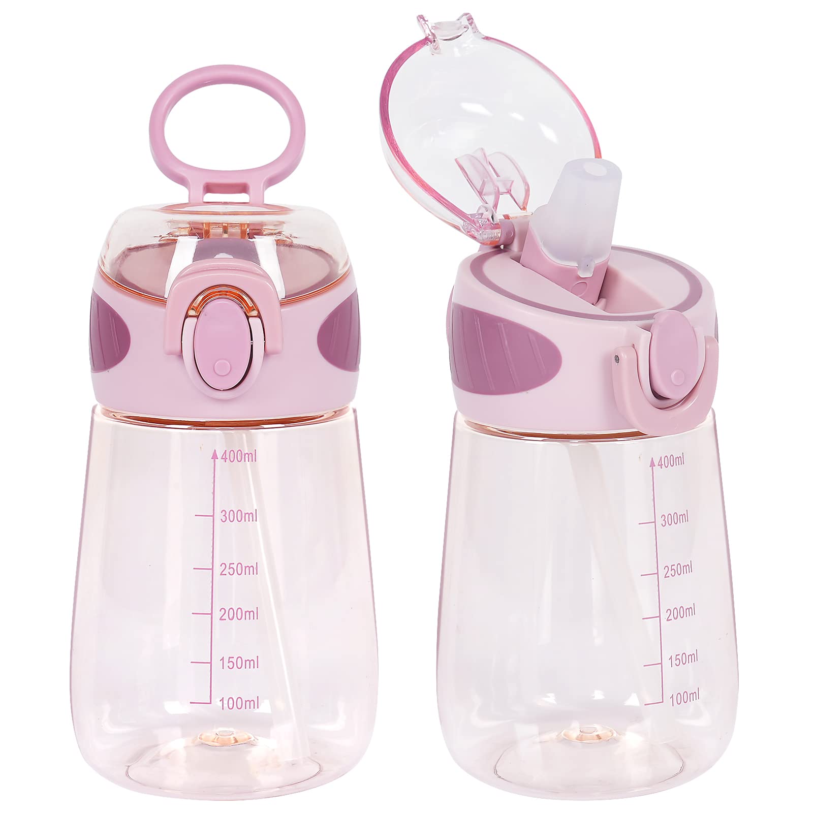YOBOKO Water Bottle with Straw BPA Free Lightweight 14oz Water Drinking Bottle with Handle Wide Mouth Leak Proof Cute Straw Bottle for Boys Girls Adults (Pink)