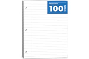 AIDUNMIS Loose Leaf Paper, 100 Sheets Notebook Paper, Binder Lined Paper Wide Ruled, 8.5'' x 11'' Loose Leaf, 3-Hole Punched Filler Writing Paper, 3-Ring Binder Note Papers, White