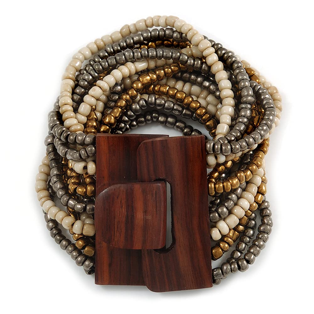 Avalaya Grey/Bronze/Antique White Glass Bead Multistrand Flex Bracelet with Wooden Closure - 19cm L
