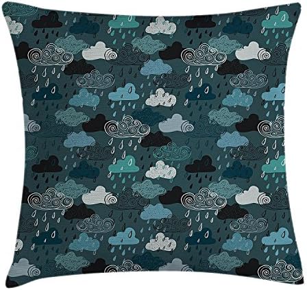 Lake House Decor Throw Pillow Cushion Cover, Cloud Sketches with Curly Lines Forecast Atmosphere Sky Kids Nursery Theme, Decorative Square Accent Pillow Case, 18 X 18 Inches, Teal Blue