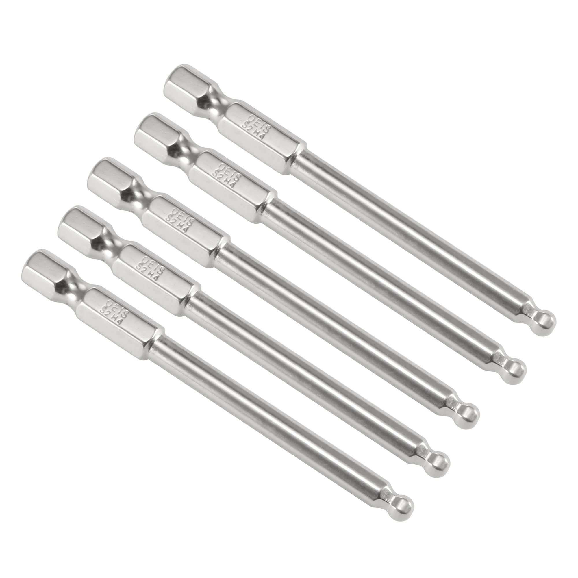 sourcing map 5 Pcs H4 (4mm) Ball End Screwdriver Bits, S2 Steel Magnetic 2.95 Inch Long Drill Bit with 1/4 Inch Hex Shank