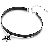 COOLSTEELANDBEYOND Women’s Gothic Star Pendant Choker Necklace, Black Faux Leather Punk Collar with Adjustable Chain
