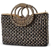 QTKJ Women Summer Retro Straw Bag with Zip Hand-woven Beach Handbag Top Round Handle Boho Tote Bag Shopping and Travel Large Bag (Black)