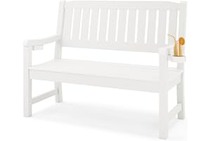LUE BONA Outdoor Bench, 2-Person HDPS Garden Bench, Outdoor Benches Weatherproof, All-Weather Fade/Rot Resistant Patio Bench for Park, Front Porch, Backyard (White)