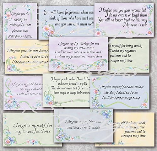 Forgiveness Affirmations- Set of 12 Cards with a lovely floral design. Each 3.5 x 2 inch card is printed on card stock and mounted on a backing card and in a cellophane sleeve for a nice presentation.