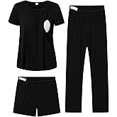 DIKFA Maternity Pajamas Set 3Pcs Double Layer Nursing Pjs with Pockets 3 in 1 for Pregnancy, Breastfeeding, Postpartum