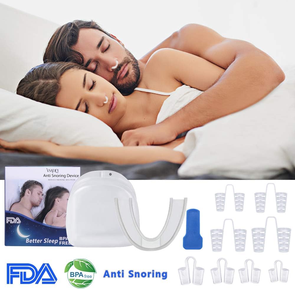 Anti Snore Devices Snoring Stopper Nose Clip Bruxism Snoring Relief Solution for Travel, Easy Sleeping, Office, 1 pcs Mouthpiece Snoring Aid Guard + 4 pcs Nasal Dilators with Magnets