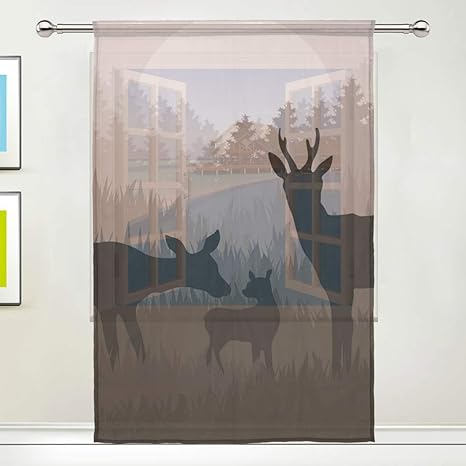 Tizorax Deer Family In Wild Night Forest Sheer Window Curtain