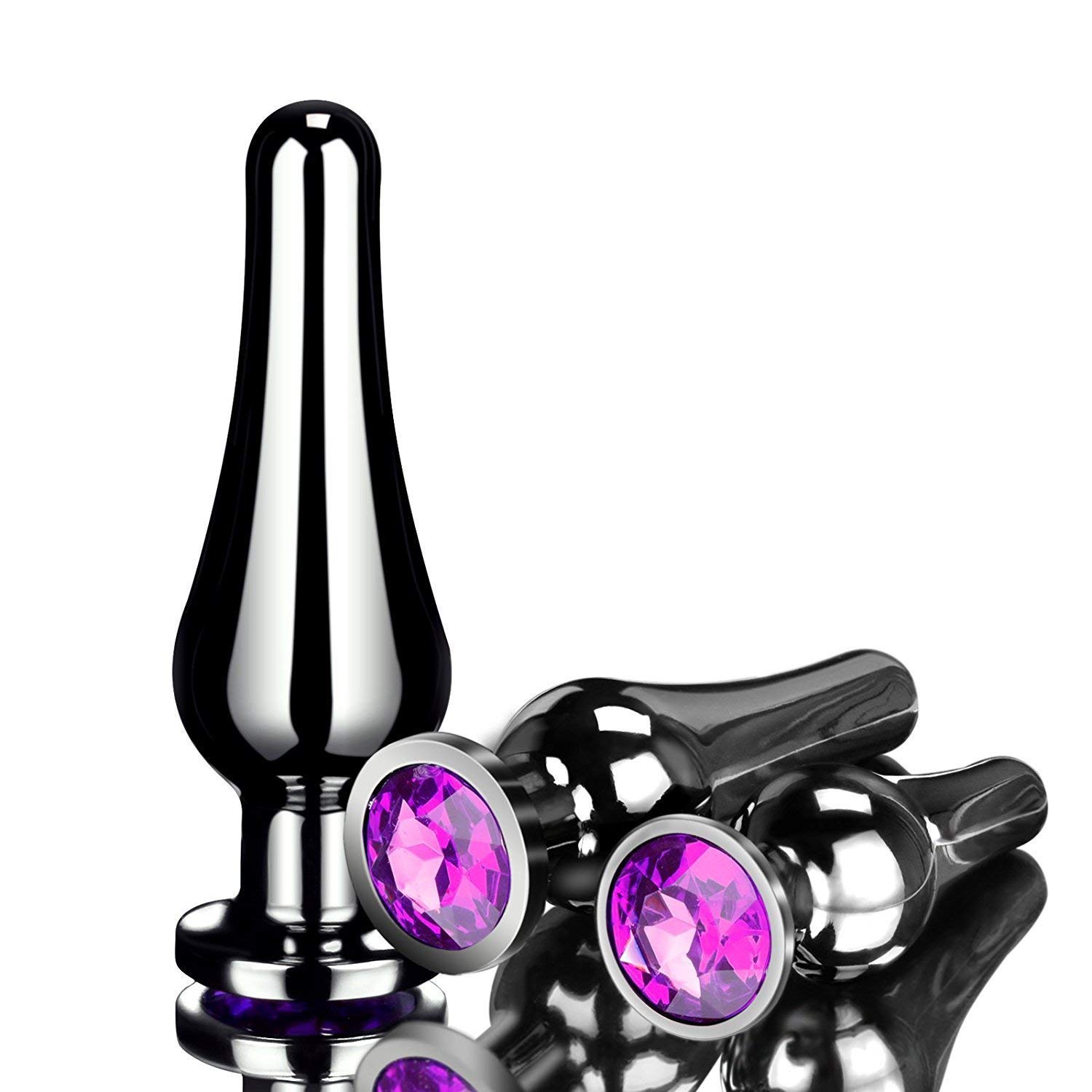 Analplug Set Metall Buttplug Anal Butt Plug Set mit Lila Kristall (Ø30 mm, Ø32 mm & Ø40 mm)