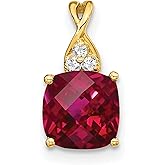 14k Yellow Gold Pendant for Women with Cushion Cut Red Gemstone, Diamond Accents, Floral Cluster Design, Elegant Ruby Necklace, Fine Jewelry Statement, Luxury Gold Ruby Pendant Necklace 13 mm x 7 mm
