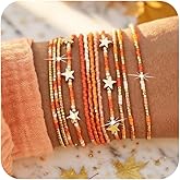 SHINUS BOHO Gold Fall Orange Beaded Bracelet Stack for Women, 12PCS Bohemian Stretch Star Seed Beads Stackable Bracelets Set Fashion Festival Accessories Jewelry Gift Thanksgiving Day