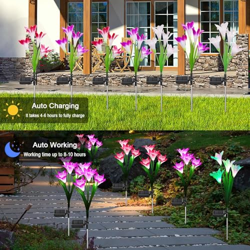Dolucky Solar Garden Lights, 4 Pack Solar Lights Outdoor with 16 Lily Flowers, Multicolor Changing Solar Flower Lights Waterproof for Patio Lawn Garden Yard Pathway Outside Decoration