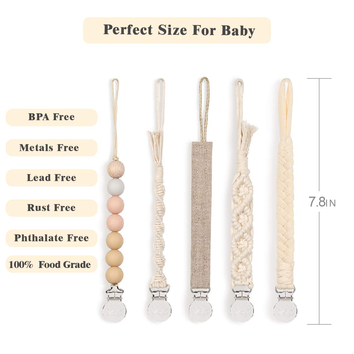 Modern Pacifier Clip for Boy and Girl 5 Pack Metal Teething Clips Braided Cotton Rope Common for Pacifier Teether Toys Baby Shower Set : Baby