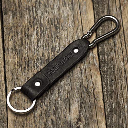 Black leather key chain with carabiner, custom ring