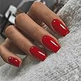 Red Nails Press ons, Press on Nails Medium Square Glue on Nails Short Acrylic Glue on Medium Coffin Nail Gel Fake Nail False for Women, Thick Solid Color 24Pcs