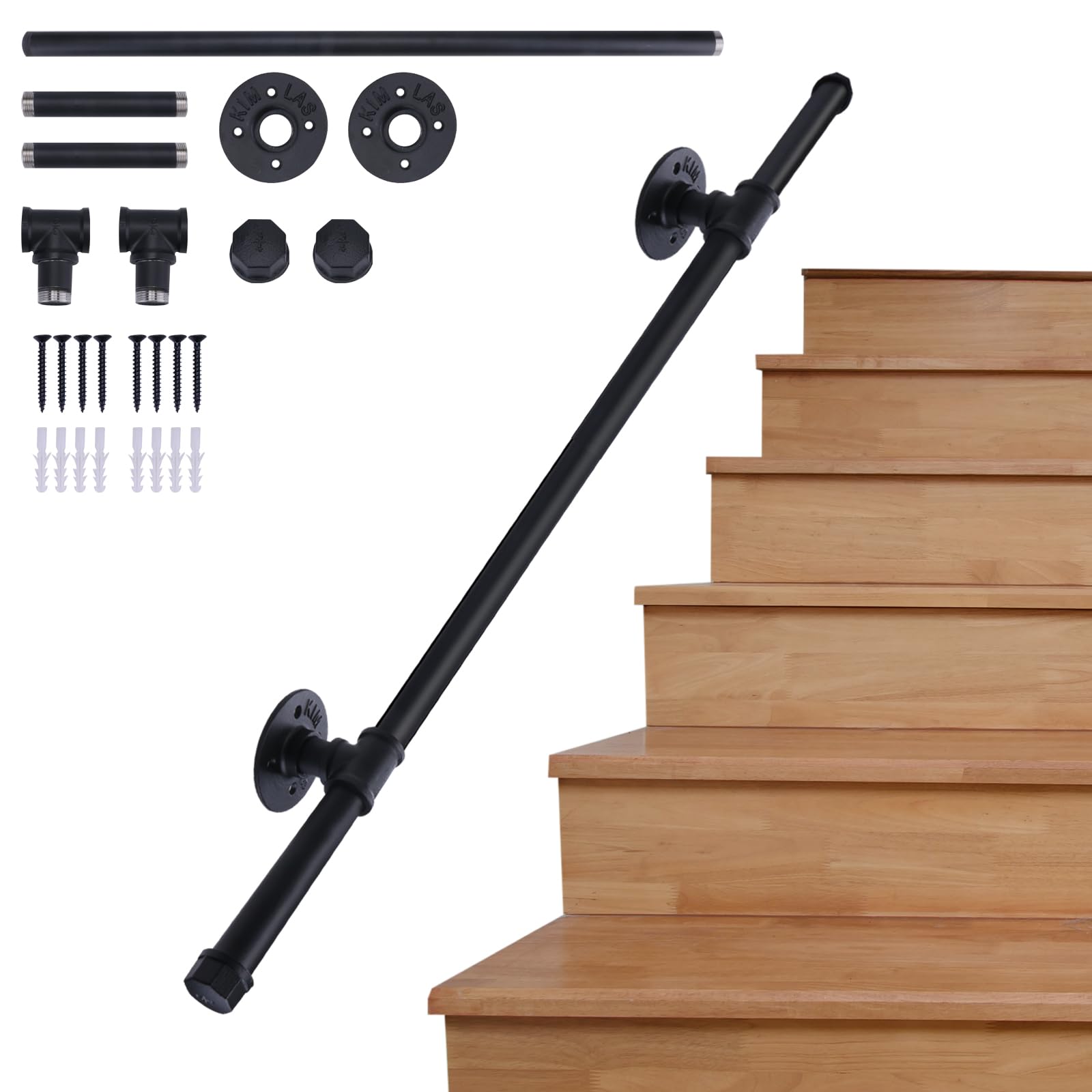 AMLOOPH Banister Handrails For Stairs, 1m Hand Rails, Black Bannister Rail, Wall Mounted Stair Banister With Fittings, Non-Slip Handrails For Indoor Outdoor Steps