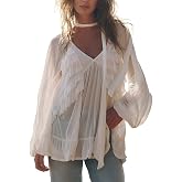 Women Boho Flowy Sheer Blouse Ruffled Chiffon Long Sleeve See Through Shirt | Cute Oversized Country Tops, Puff Sleeve Peplum Shirts, V Neck Tie Front Western Blouse Y2k