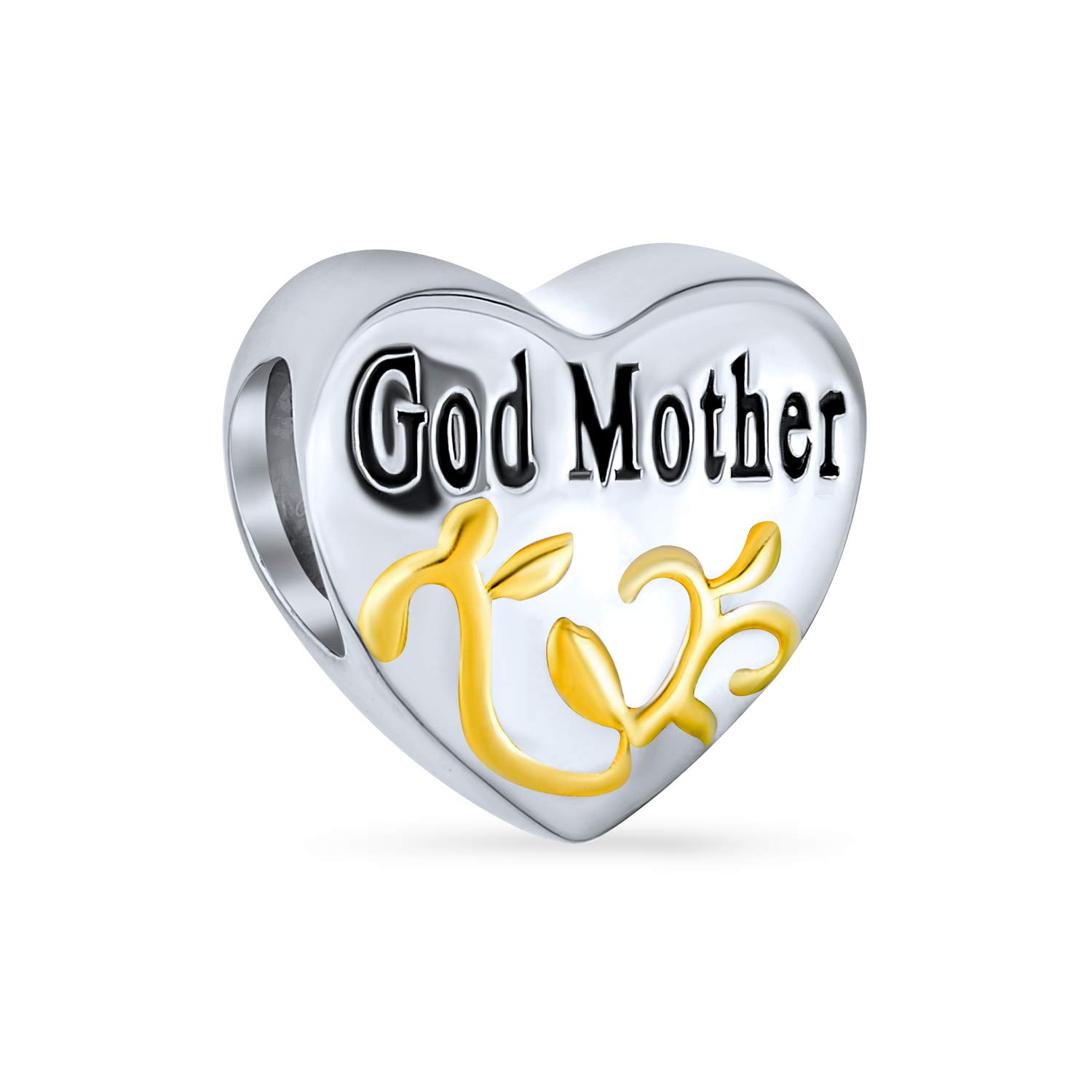 Bling Jewelry Heart Shaped Word God Mother Charm Bead For Women Two Tone Gold Plated Scroll .925 Sterling Silver Fits European Bracelet