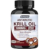 Krill Oil 1200mg, Antarctic Krill Oil Omega 3 Supplement with EPA, DHA,Astaxanthin & Phospholipids for Heart & Brain & Joint Health, No Fishy Aftertaste,120 Softgels (60 Servings)