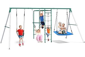 Hapfan Swing Sets for Backyard with Monkey Bars, Belt Swing, Platform Swing, Climbing Net, Trapeze Bar, Outdoor Playset for Kids