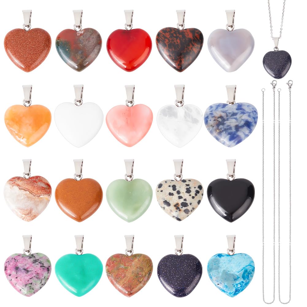 arricraft 20 Pcs 20 Colors Heart Gemstone Beads, Natural Crystal Pendants with 304 Stainless Steel Chains Synthetic Mixed Gemstone Love Heart Pendants for Jewelry Making