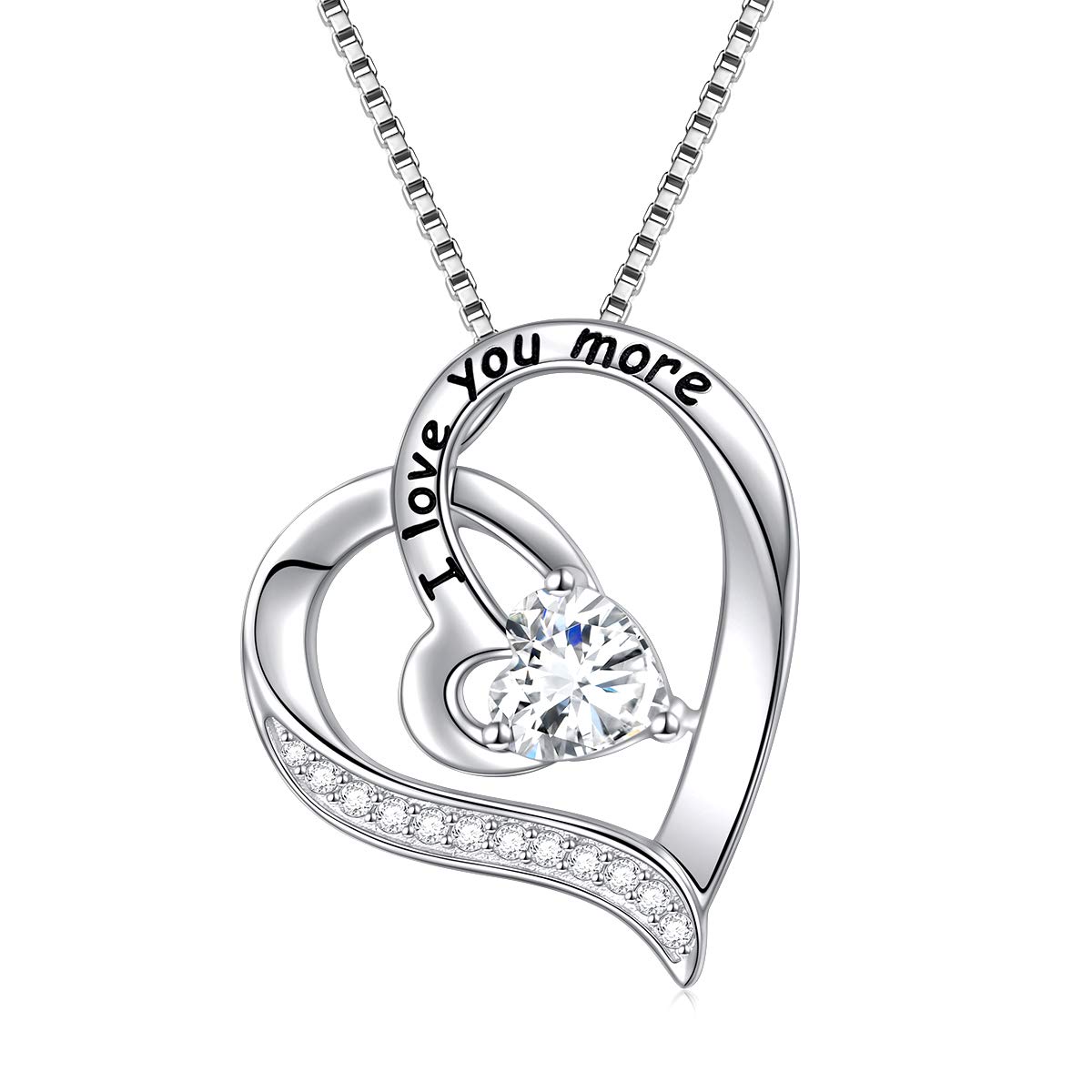 Flyow 925 Sterling Silver Heart Necklace with Message I Love You More Cubic Zirconia Pendant 18 Inches, Best Valentine's Day Jewelry Gifts (I Love You More)