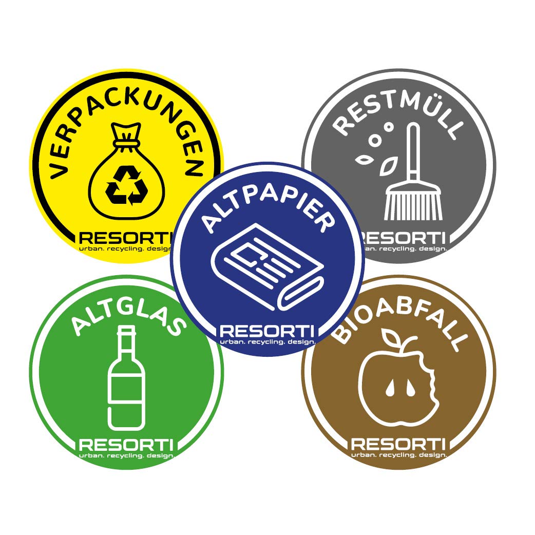RESORTI Set of 5 Stickers for Waste Separation, Waste Separation System, Coloured (Packaging/Yellow Bag, Residual Rubbish, Waste Paper, Organic Rubbish, Old Glass) UV Resistant and Weatherproof