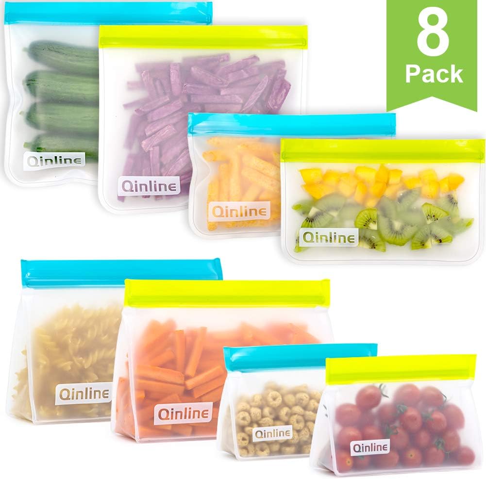 Reusable Ziplock Bags - 8 Pack Mix Stand up & Flat Freezer Bags (4 Reusable Sandwich Bags + 4 Reusable Snack Bag) BPA Free Reusable Storage Bags for Food, Lunch, Make-up, Travel, Home Organization