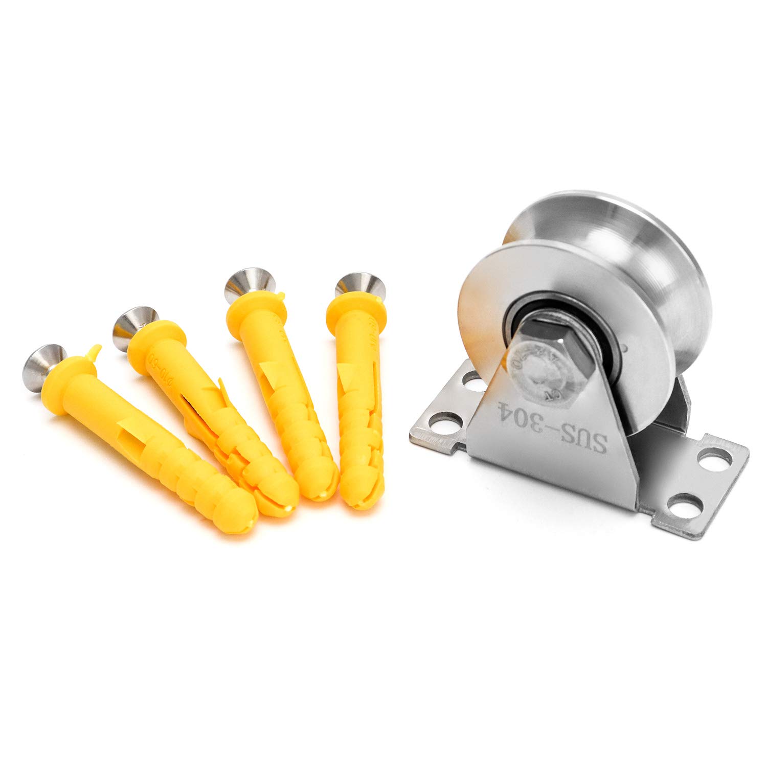 QWORK® 1 Pack U-Type Stainless Steel Pulley Block, Mute Bearings Sliding Roller Track Wheel, Swivel Lifting Rope Pulley Block for Wire Rope, Load Bearing: 400KG