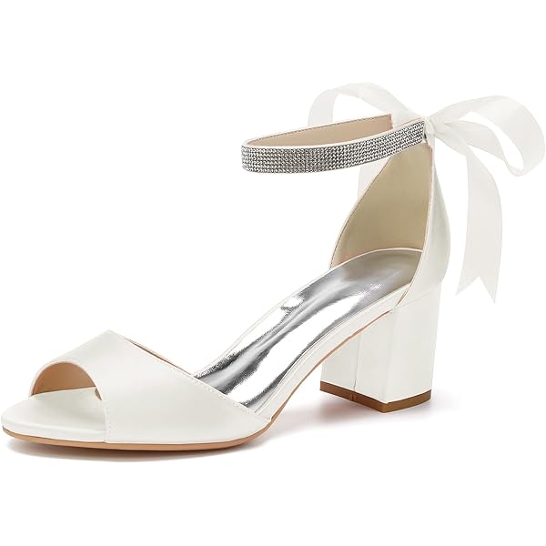 WSMYBLQ Women's Ivory Bridal Sandals - Peep Toe Mid Heel Pumps With Crystal Ankle Strap