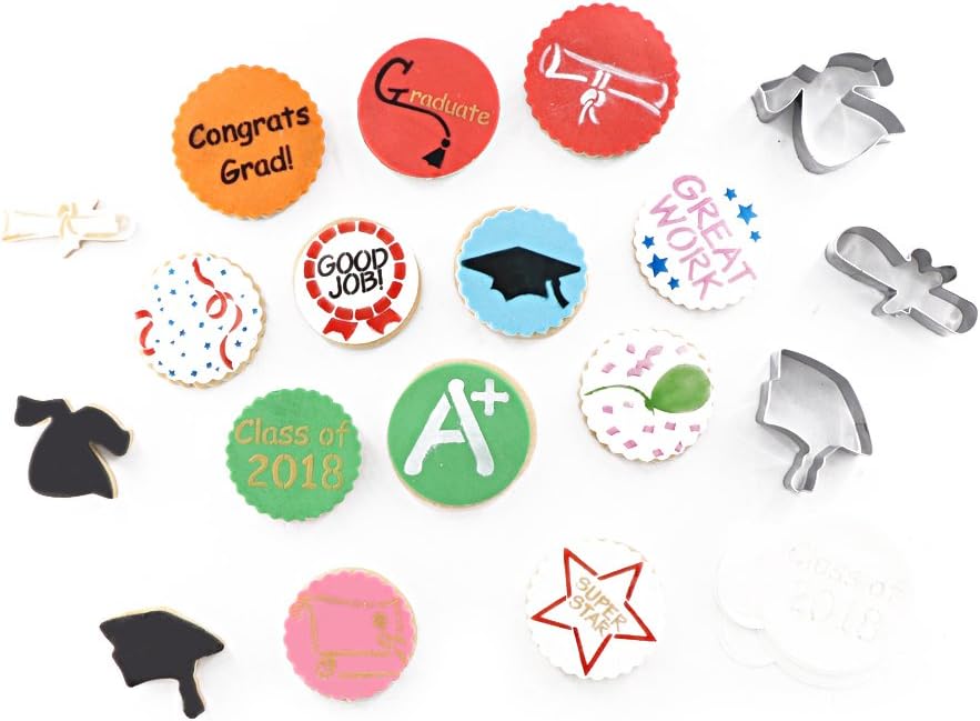 Congrats Grad Cookie Stencil for Royal Icing, 3-Pieces Graduate Cookie Cutter, 12-Pieces Cookie Decorating Stencil Fondant Mold