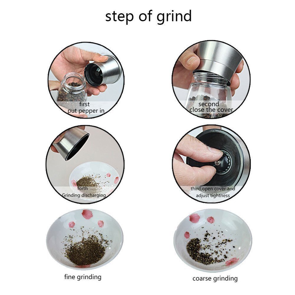 Premium Stainless Steel Salt and Pepper Grinder Set,Brushed Stainless Steel Salt and Pepper Shakers,Pepper Mill and Salt Mill with Glass Tall Body and Adjustable Ceramic Rotor by Feiuruhf, Set of 2