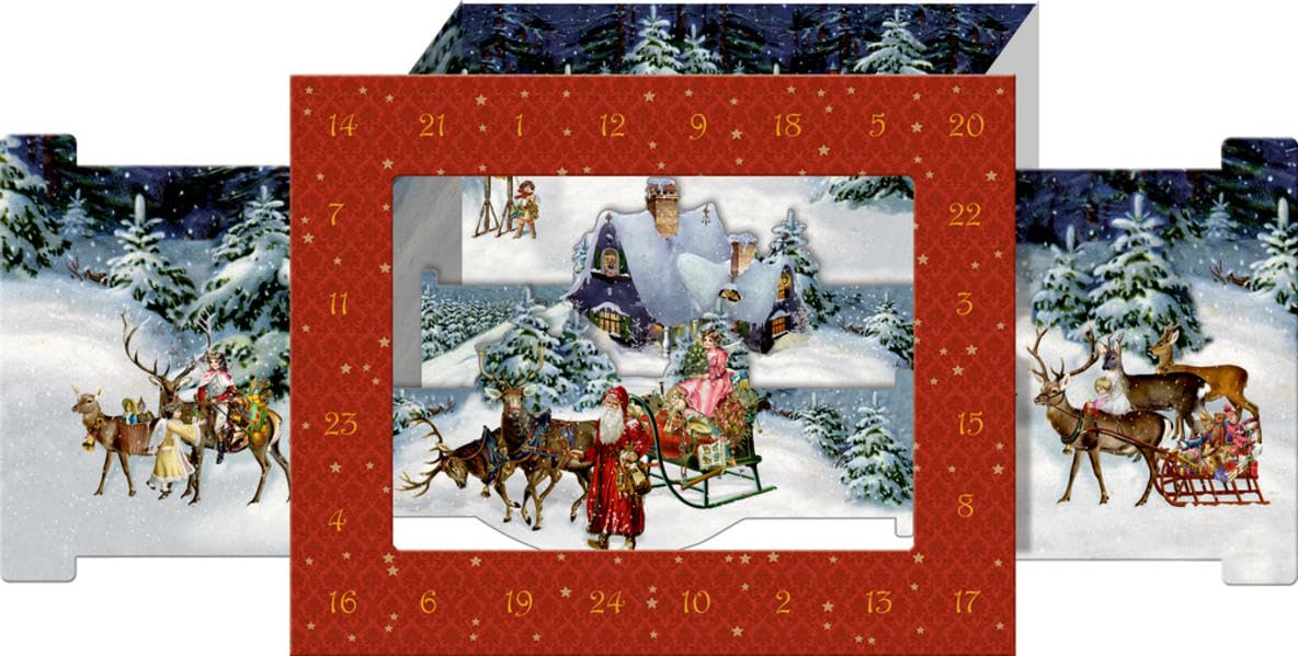 3 D Winter Landscape Coppenrath Advent Calendar Designed by Barbara Behr. Folded 35 x 28 cm unfolded 61 x 28 cm. Pull out 3 D advent scene (windows in frame) with gold foil.