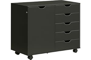 HOMCOM Lateral Filing Cabinet, 5-Drawers File Cabinet with Door and Adjustable Shelf, Mobile Office Storage Cabinet on Wheels
