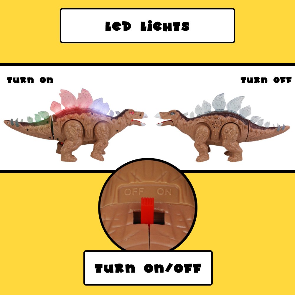 Fajiabao Dinosaur Toy Stegosaurus Electric Walking with Roar Sound and Colorful LED Light Glow Realistic Brown for Children Toddlers Kids Boys Girls