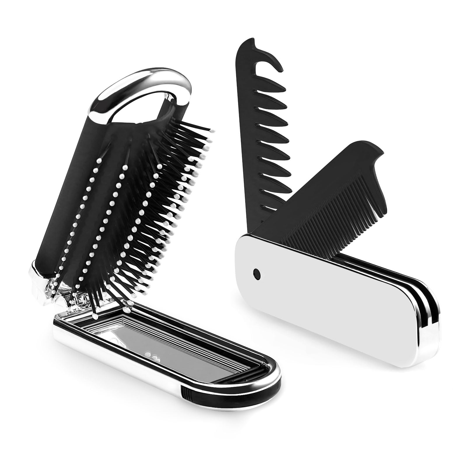 Modixun 2 Pack Travel Foldable Comb and Hair Brush with Mirror, Wide + Fine Tooth Comb, Small Folding Pocket Comb for Men Women Hair Styling, Curls, Mustache, Beard, Purse